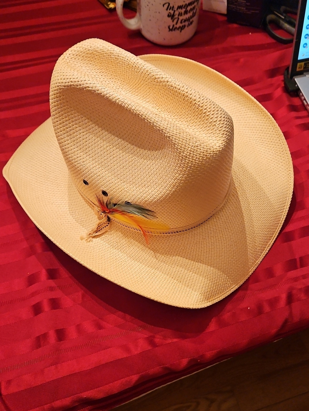 Stetson Natural/Tan Straw Cowboy Hat with Yellow & Green Feather